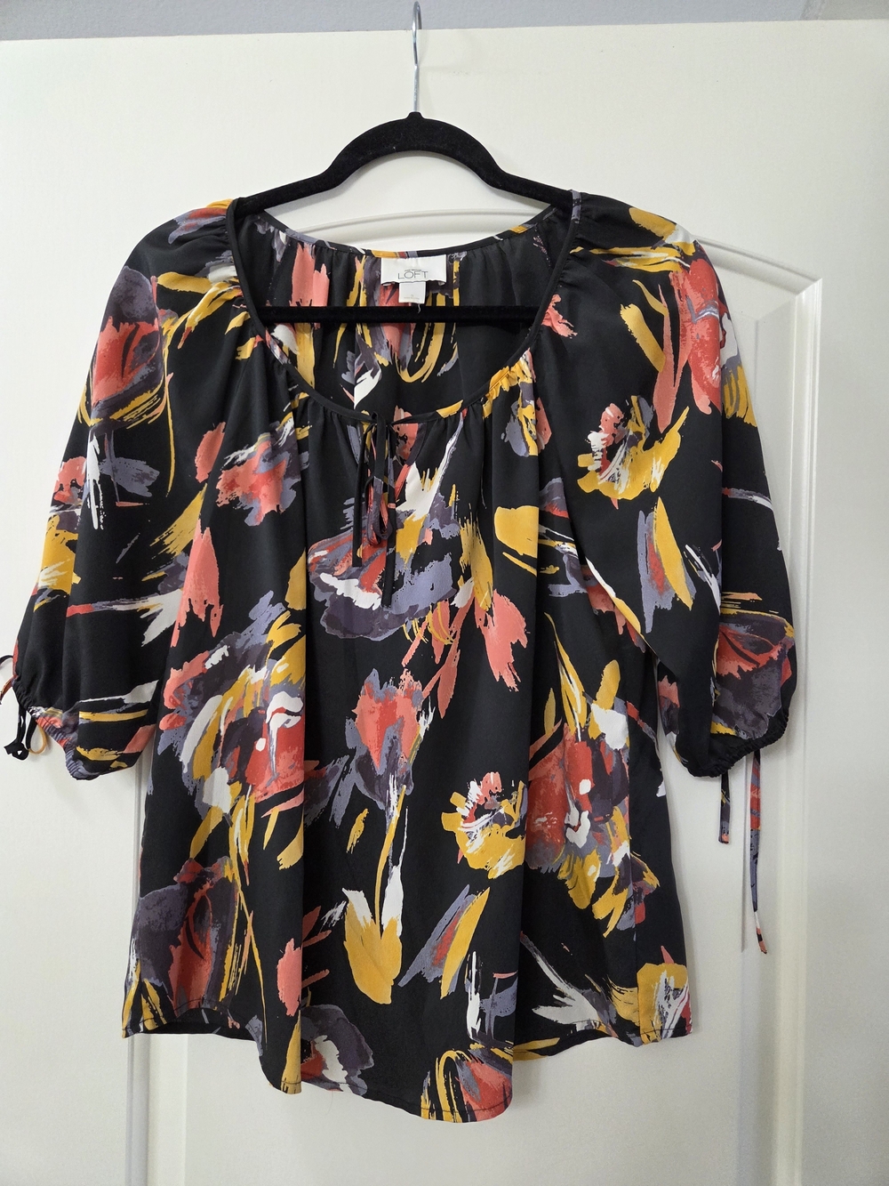 LOFT Black Floral Tie-Neck Peasant Blouse with Mustard and Coral Accents